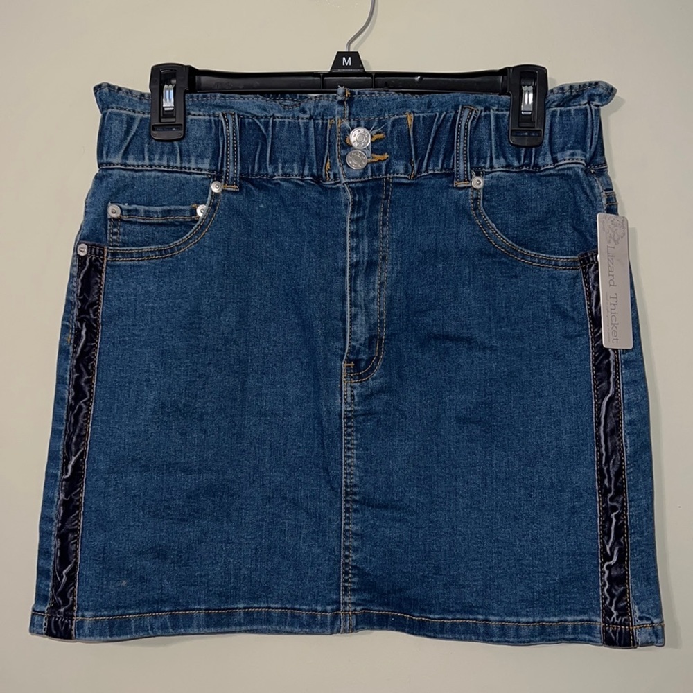 Lizard Thicket large denim paper bag skirt new stretchy waist zip button closure